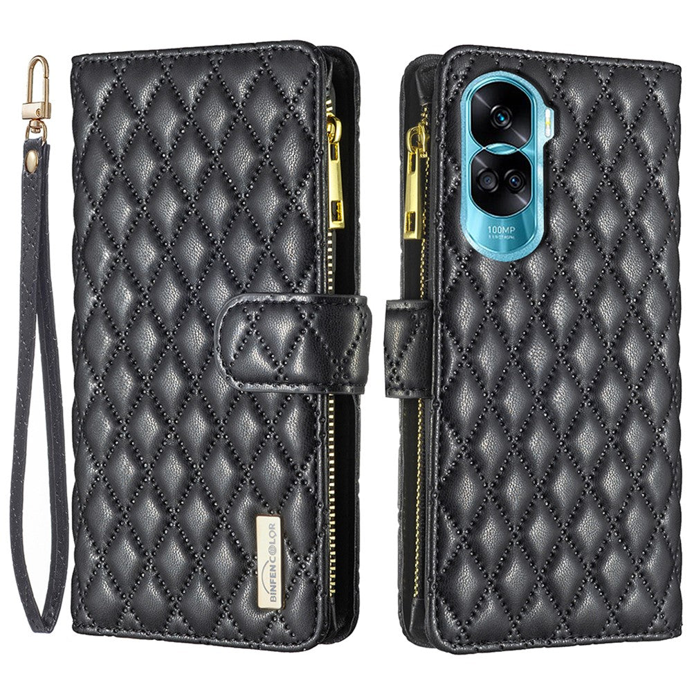 BINFEN COLOR BF Style-15 För Honor 90 Lite 5G / X50i 5G Flip Skal Blixtlåsficka Lädermobilsfodral Plånboksfodral Stativfodral