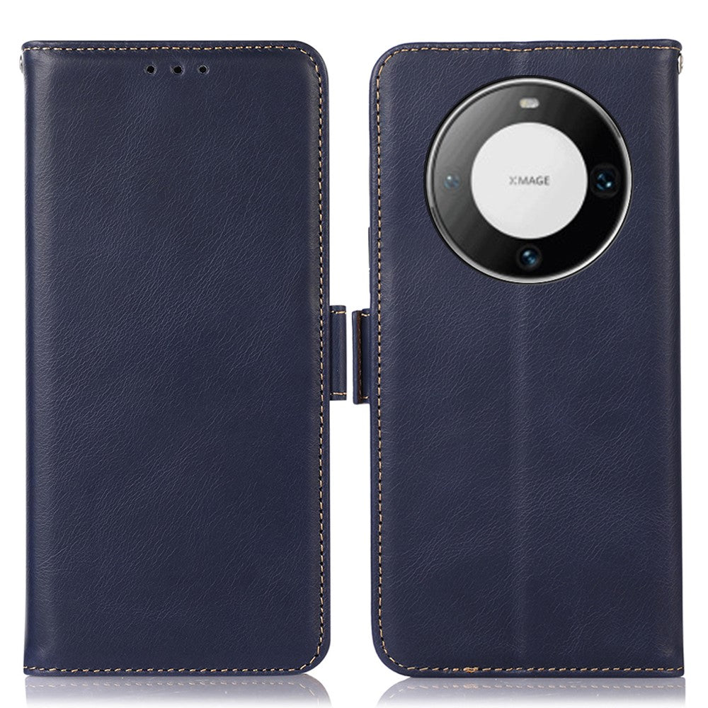 For Huawei Mate 60 Pro Genuine Cow Leather RFID Blocking Wallet Phone Case Anti-drop Stand Cover