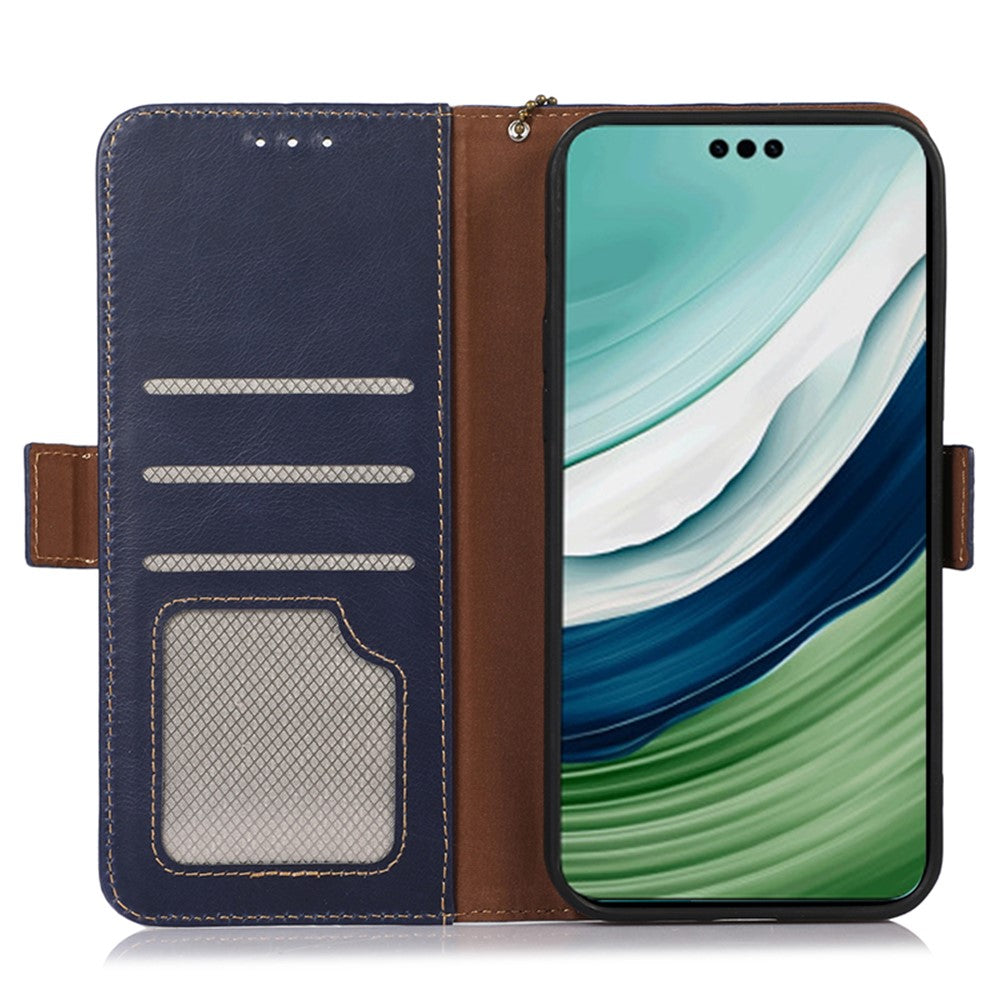 For Huawei Mate 60 Pro Genuine Cow Leather RFID Blocking Wallet Phone Case Anti-drop Stand Cover