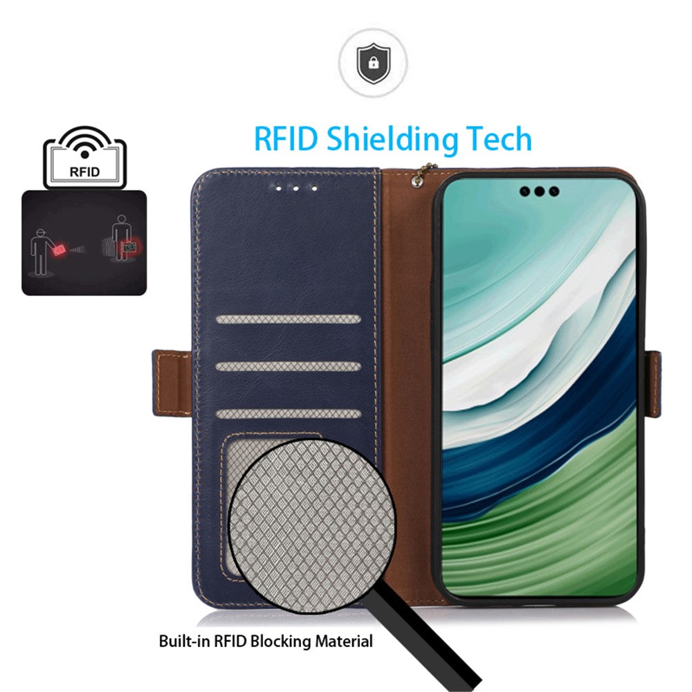 For Huawei Mate 60 Pro Genuine Cow Leather RFID Blocking Wallet Phone Case Anti-drop Stand Cover