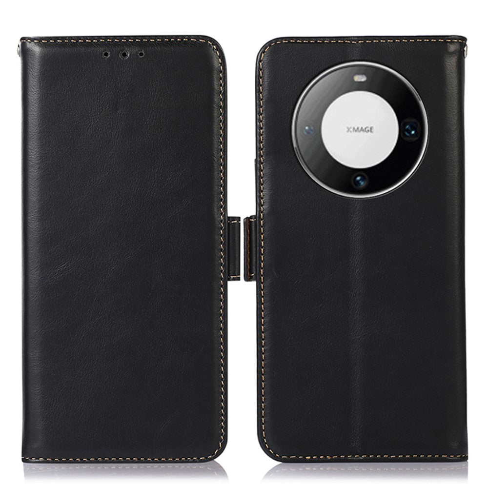 For Huawei Mate 60 Pro Genuine Cow Leather RFID Blocking Wallet Phone Case Anti-drop Stand Cover