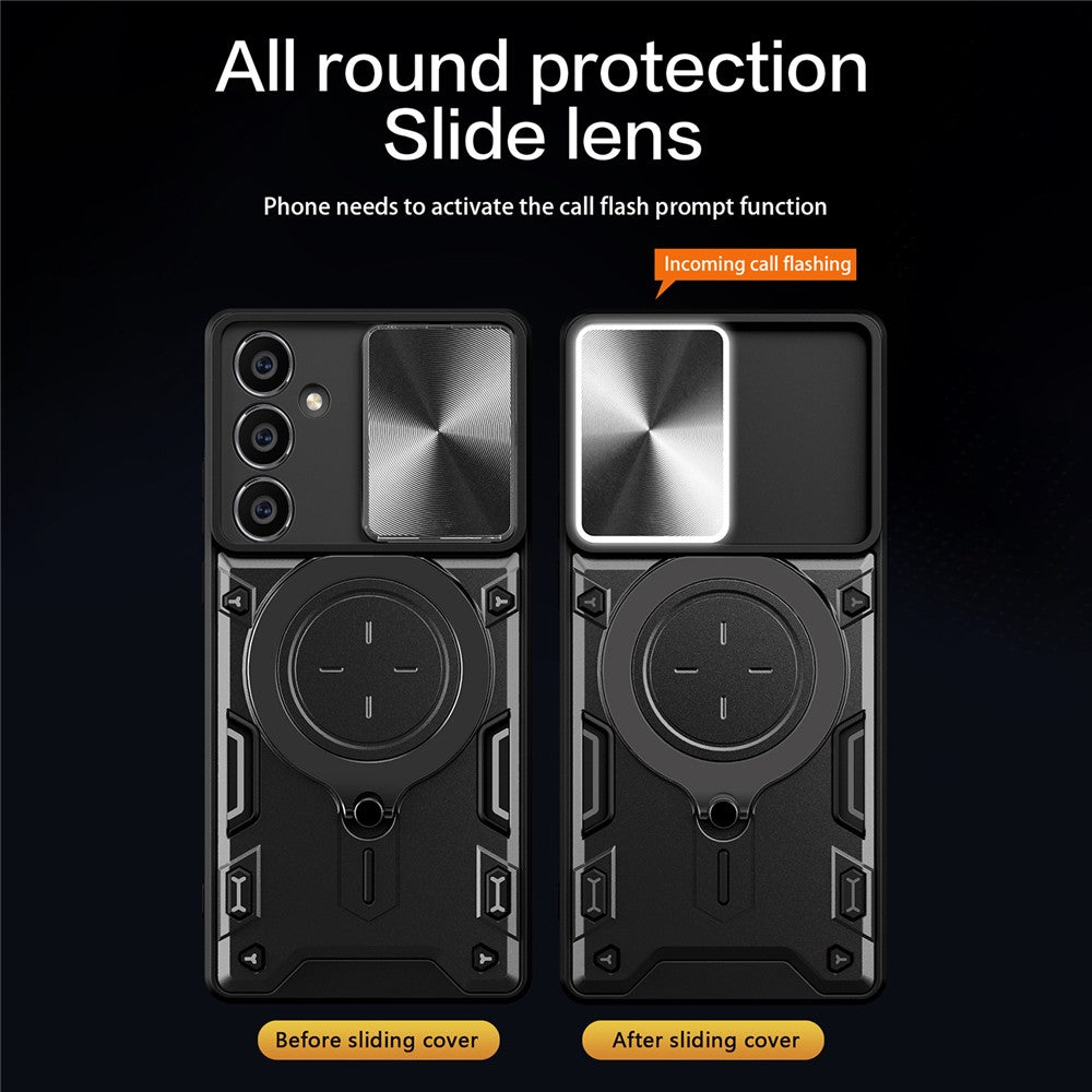 For Samsung Galaxy S23 FE Slide Lens Guard Kickstand Cover PC+TPU Drop-proof Phone Case