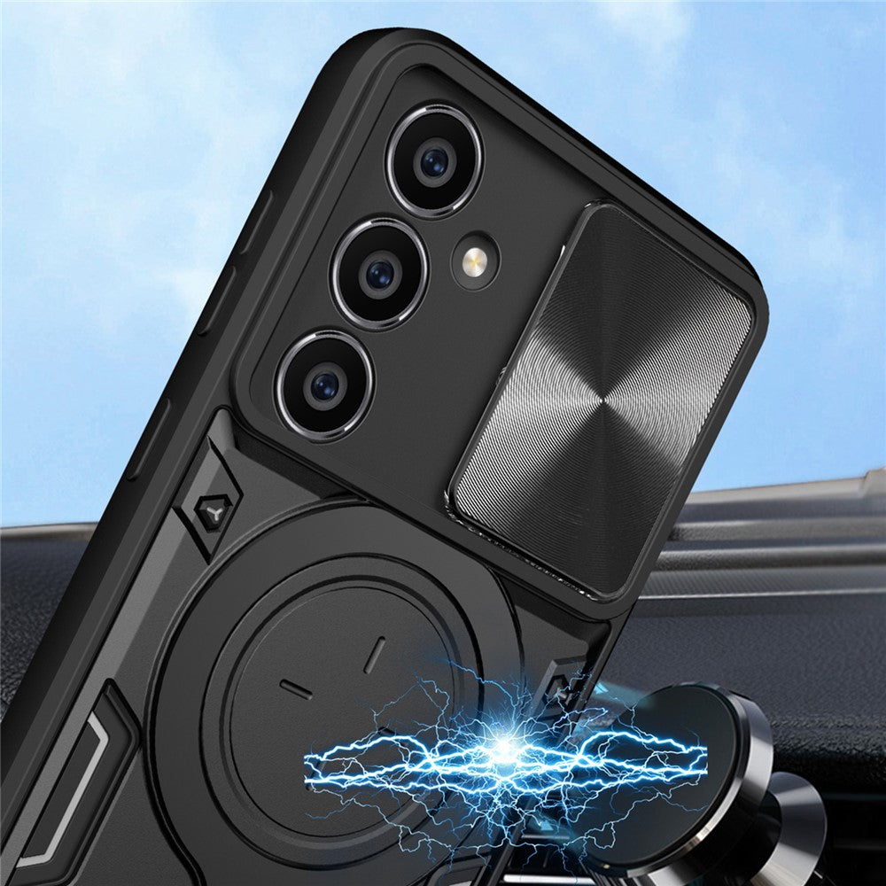 For Samsung Galaxy S23 FE Slide Lens Guard Kickstand Cover PC+TPU Drop-proof Phone Case