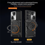 For Samsung Galaxy S23 FE Slide Lens Guard Kickstand Cover PC+TPU Drop-proof Phone Case