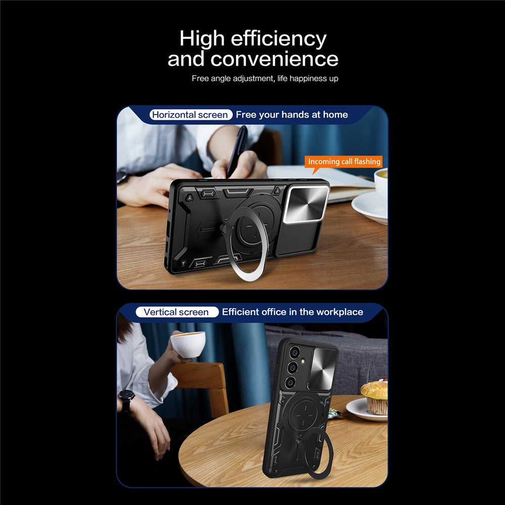 For Samsung Galaxy S23 FE Slide Lens Guard Kickstand Cover PC+TPU Drop-proof Phone Case