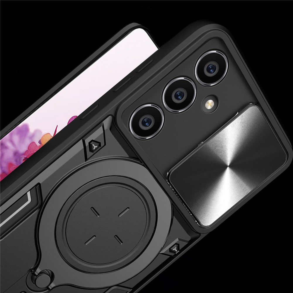 For Samsung Galaxy S23 FE Slide Lens Guard Kickstand Cover PC+TPU Drop-proof Phone Case