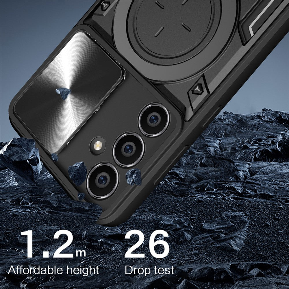 For Samsung Galaxy S23 FE Slide Lens Guard Kickstand Cover PC+TPU Drop-proof Phone Case