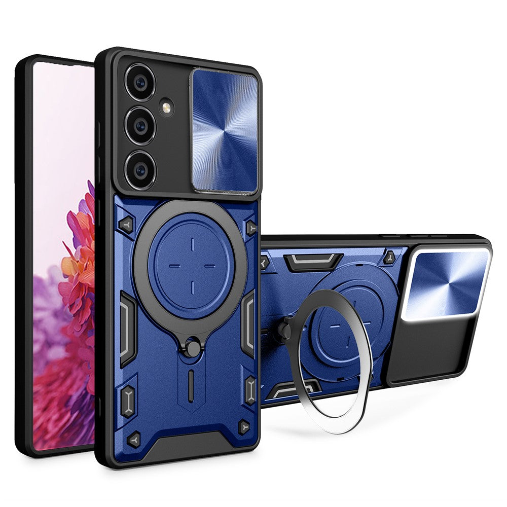 For Samsung Galaxy S23 FE Slide Lens Guard Kickstand Cover PC+TPU Drop-proof Phone Case