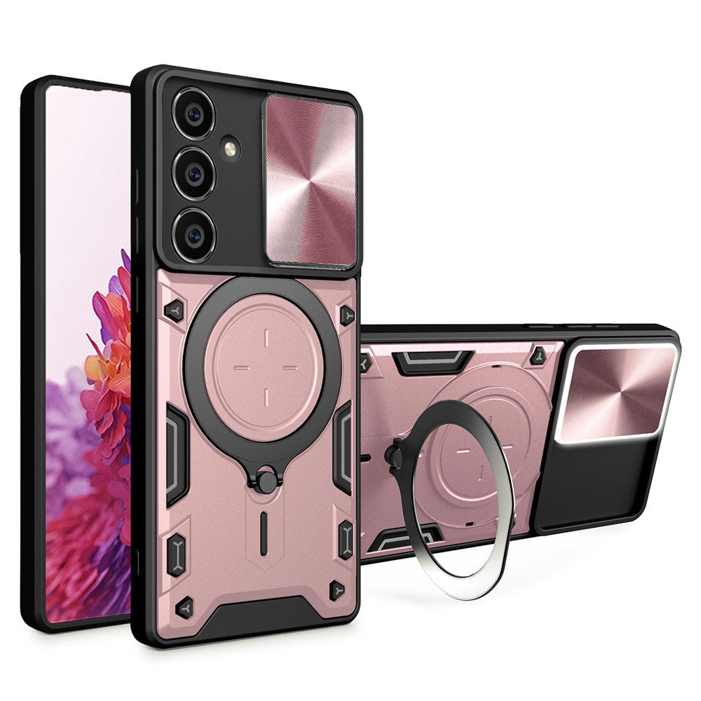 For Samsung Galaxy S23 FE Slide Lens Guard Kickstand Cover PC+TPU Drop-proof Phone Case