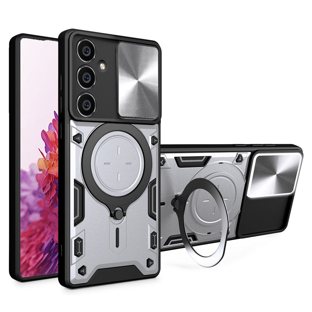 For Samsung Galaxy S23 FE Slide Lens Guard Kickstand Cover PC+TPU Drop-proof Phone Case