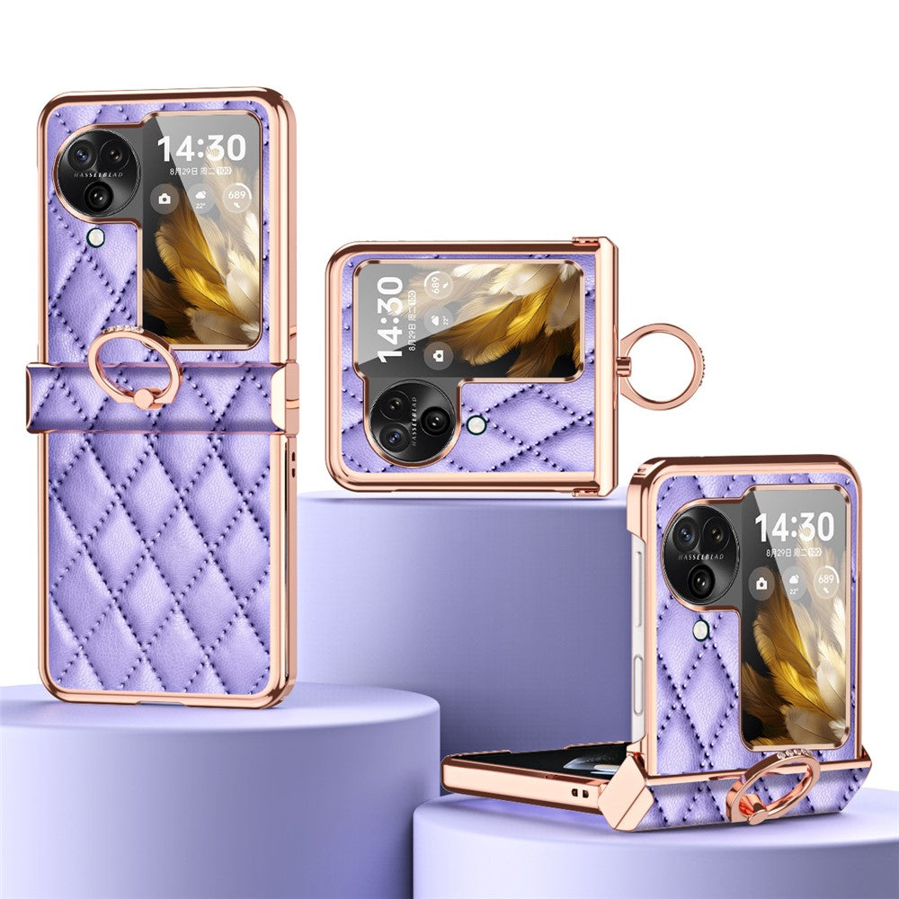 For Oppo Find N3 Flip 5G PU Leather Coated PC Case Electroplating Rhombus Pattern Kickstand Phone Cover