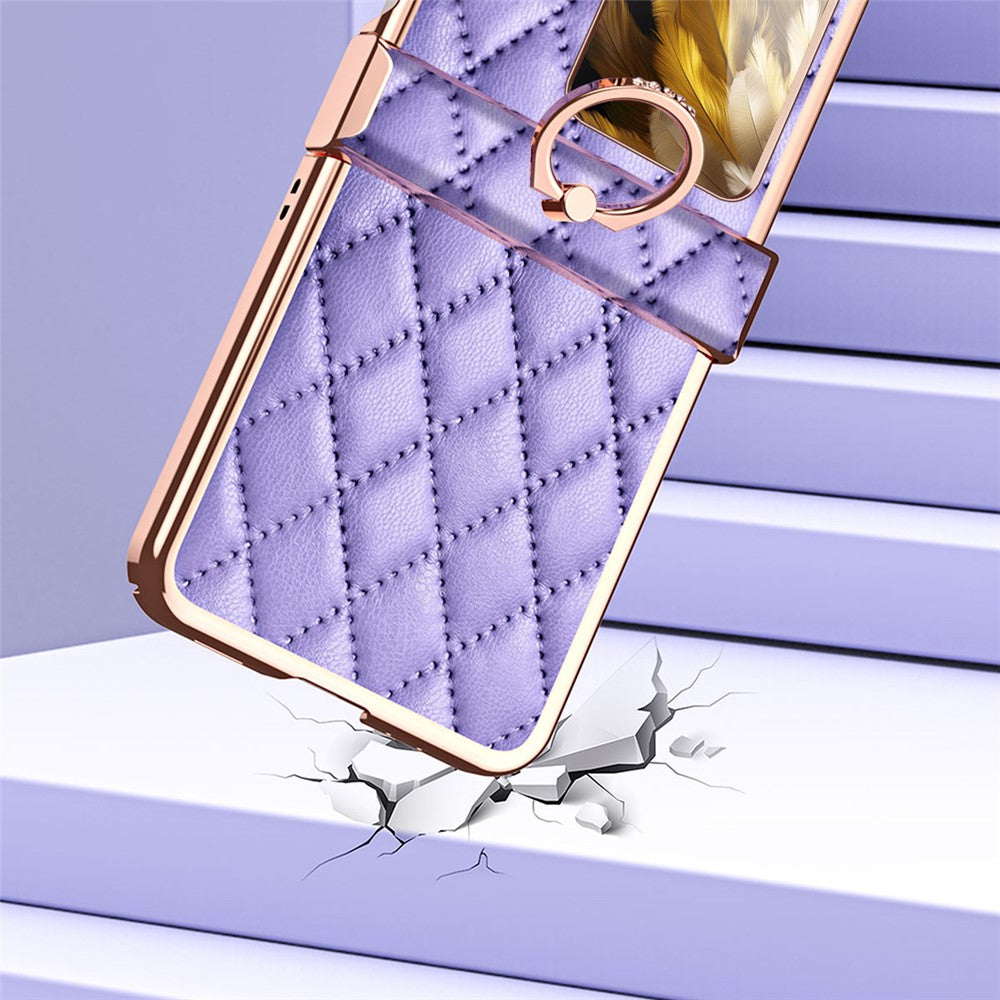 For Oppo Find N3 Flip 5G PU Leather Coated PC Case Electroplating Rhombus Pattern Kickstand Phone Cover