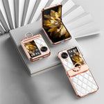 For Oppo Find N3 Flip 5G Imprinted PU+PC Phone Case Rhinestone Ring Kickstand Electroplating Phone Cover