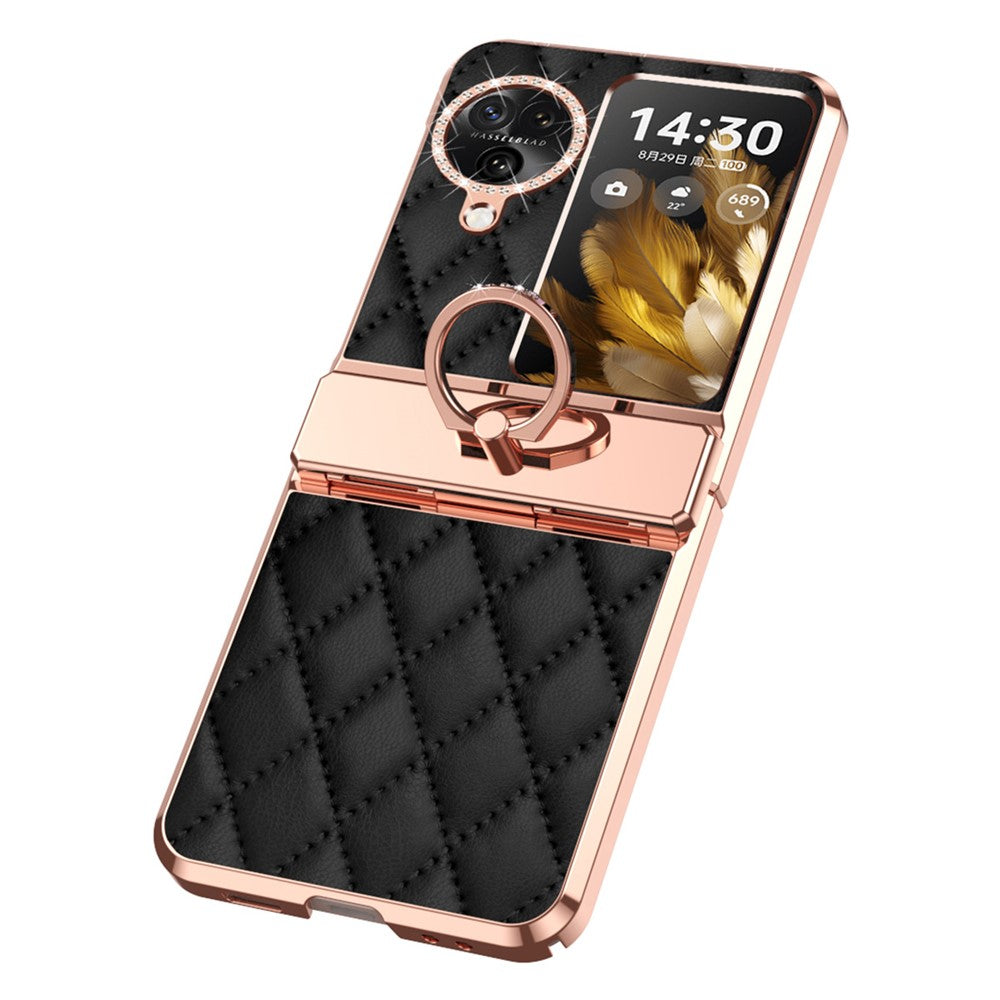 For Oppo Find N3 Flip 5G Imprinted PU+PC Phone Case Rhinestone Ring Kickstand Electroplating Phone Cover