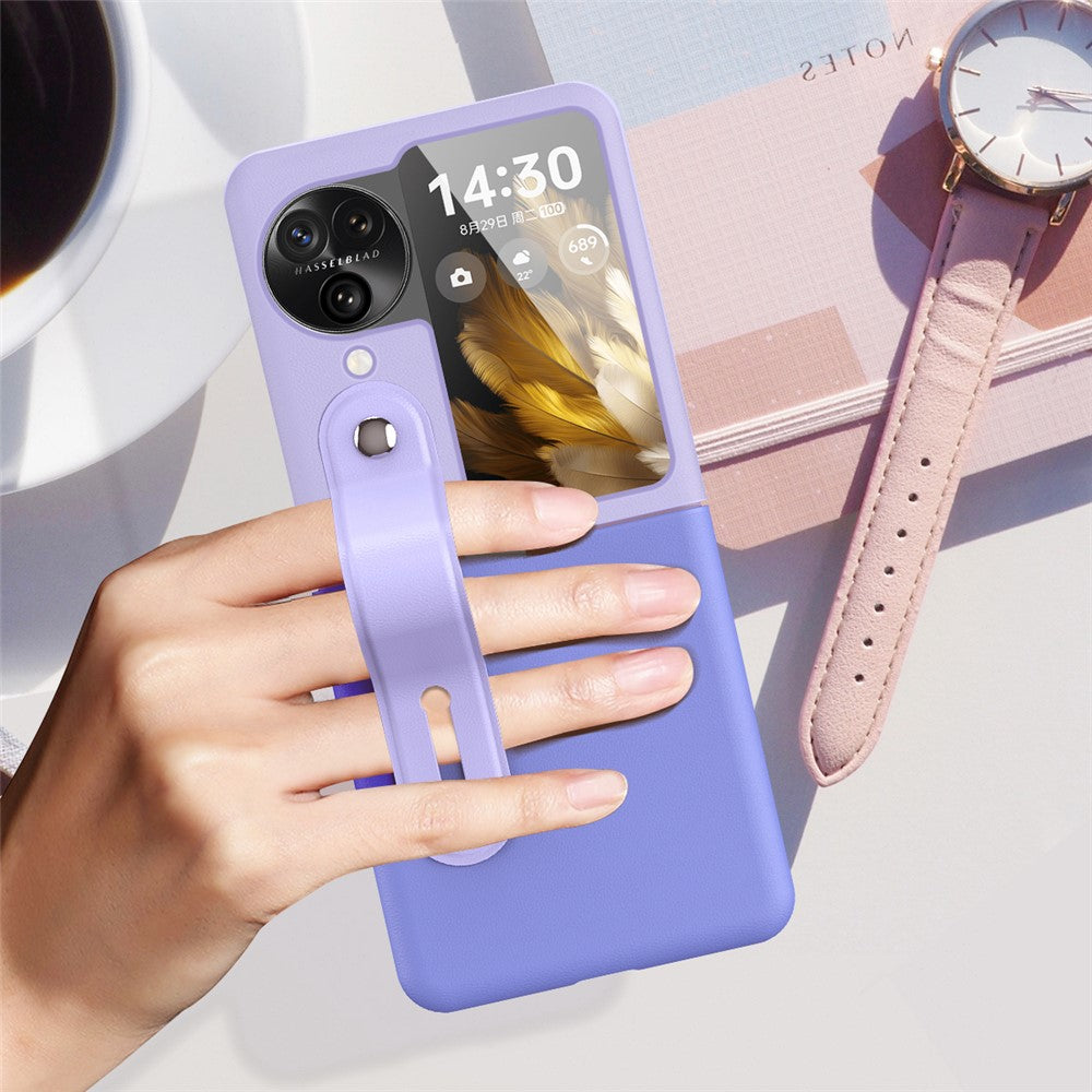 PU+PC-mobilcover til Oppo Find N3 Flip 5G med tofarvet design, håndledsrem og støttefod