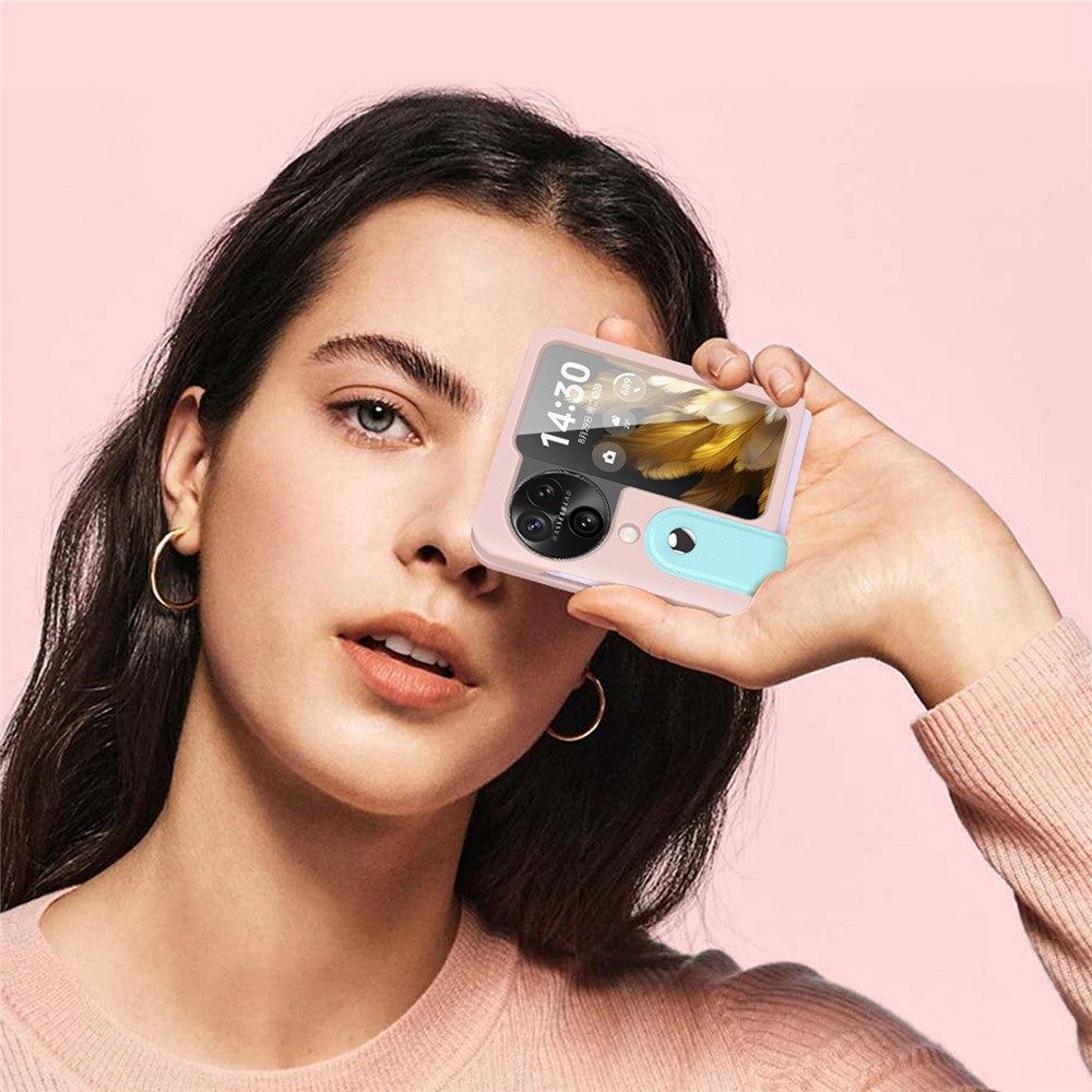 PU+PC-mobilcover til Oppo Find N3 Flip 5G med tofarvet design, håndledsrem og støttefod