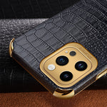 For iPhone 15 Pro Max Ring Kickstand Phone Case Crocodile Texture Leather+TPU Anti-scratch Cover