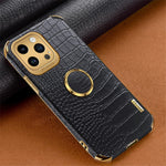 For iPhone 15 Pro Max Ring Kickstand Phone Case Crocodile Texture Leather+TPU Anti-scratch Cover