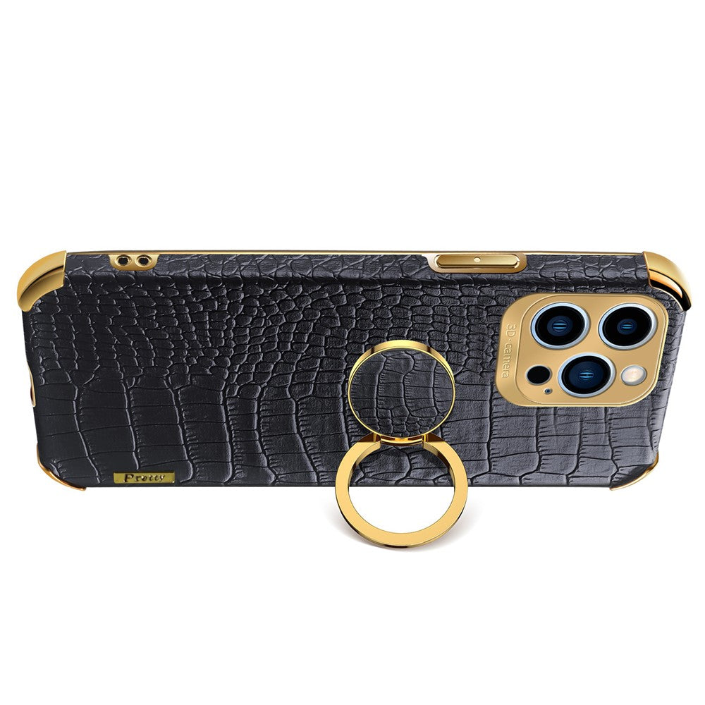 For iPhone 15 Pro Max Ring Kickstand Phone Case Crocodile Texture Leather+TPU Anti-scratch Cover