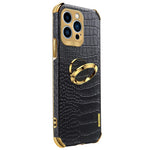 For iPhone 15 Pro Max Ring Kickstand Phone Case Crocodile Texture Leather+TPU Anti-scratch Cover