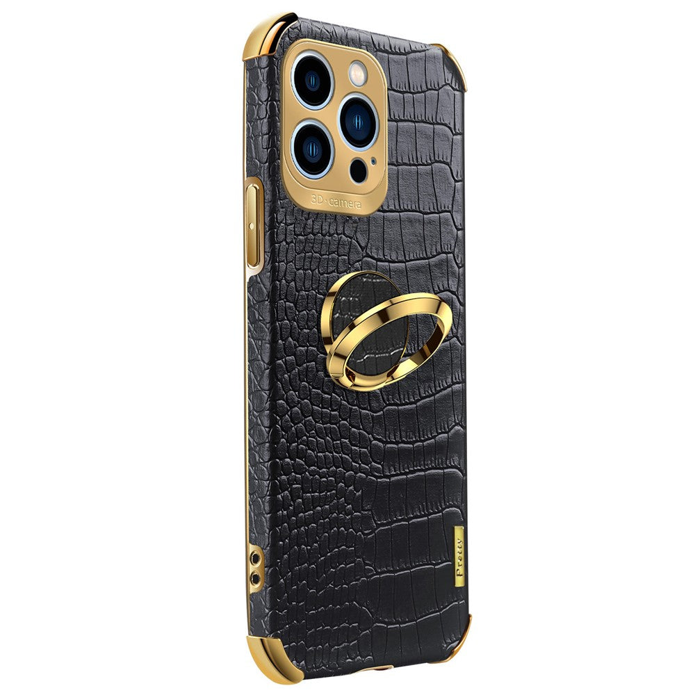 For iPhone 15 Pro Max Ring Kickstand Phone Case Crocodile Texture Leather+TPU Anti-scratch Cover