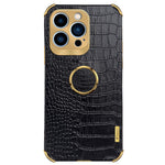 For iPhone 15 Pro Max Ring Kickstand Phone Case Crocodile Texture Leather+TPU Anti-scratch Cover