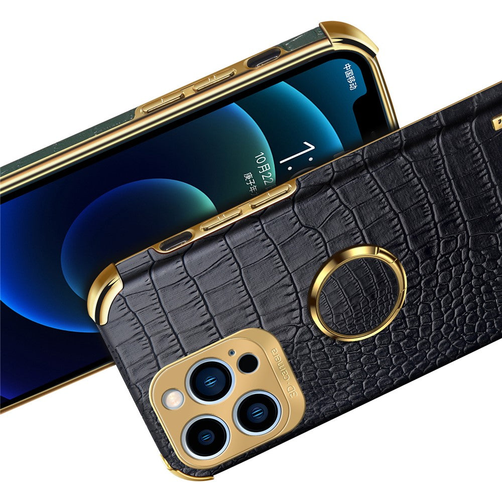 For iPhone 15 Pro Max Ring Kickstand Phone Case Crocodile Texture Leather+TPU Anti-scratch Cover