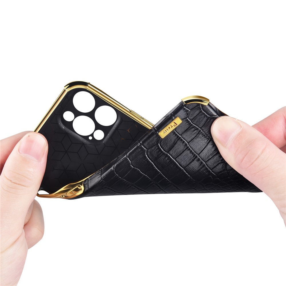For iPhone 15 Pro Max Ring Kickstand Phone Case Crocodile Texture Leather+TPU Anti-scratch Cover