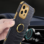 For iPhone 15 Pro Max Ring Kickstand Phone Case Crocodile Texture Leather+TPU Anti-scratch Cover