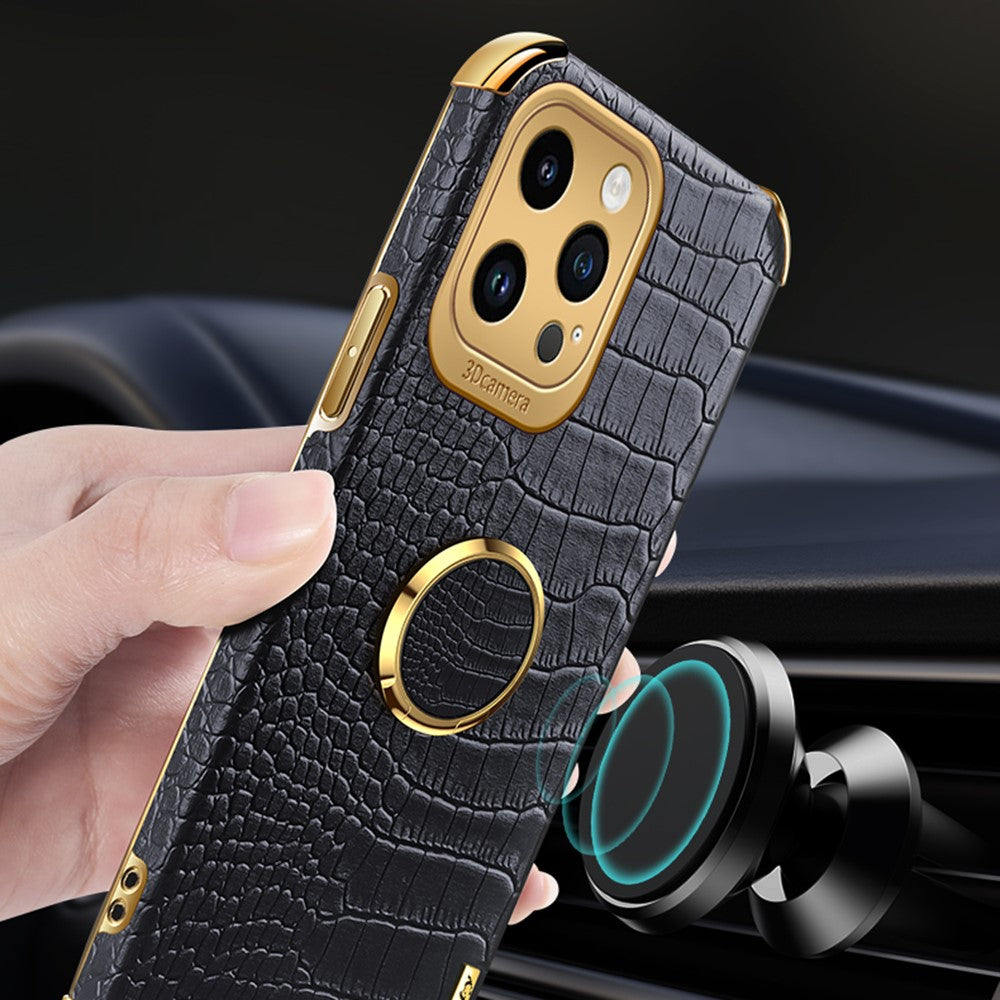 For iPhone 15 Pro Max Ring Kickstand Phone Case Crocodile Texture Leather+TPU Anti-scratch Cover