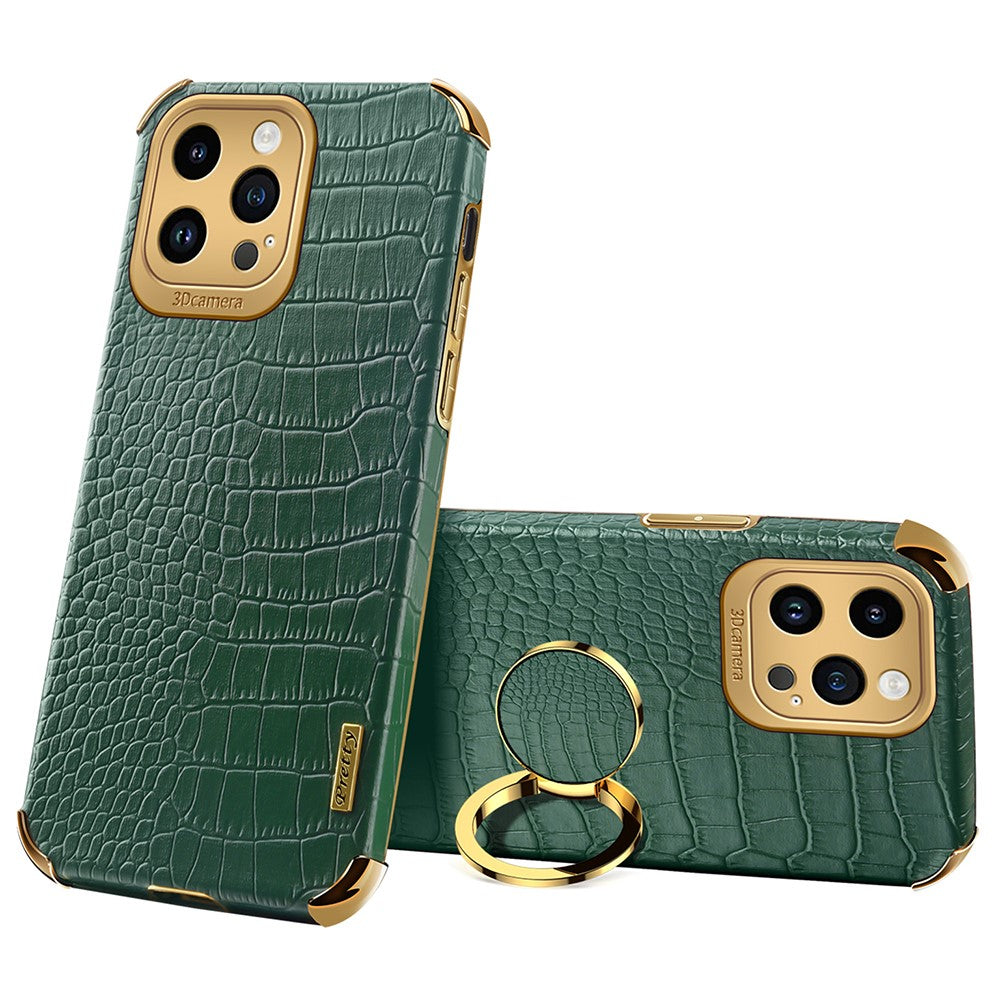 For iPhone 15 Pro Max Ring Kickstand Phone Case Crocodile Texture Leather+TPU Anti-scratch Cover