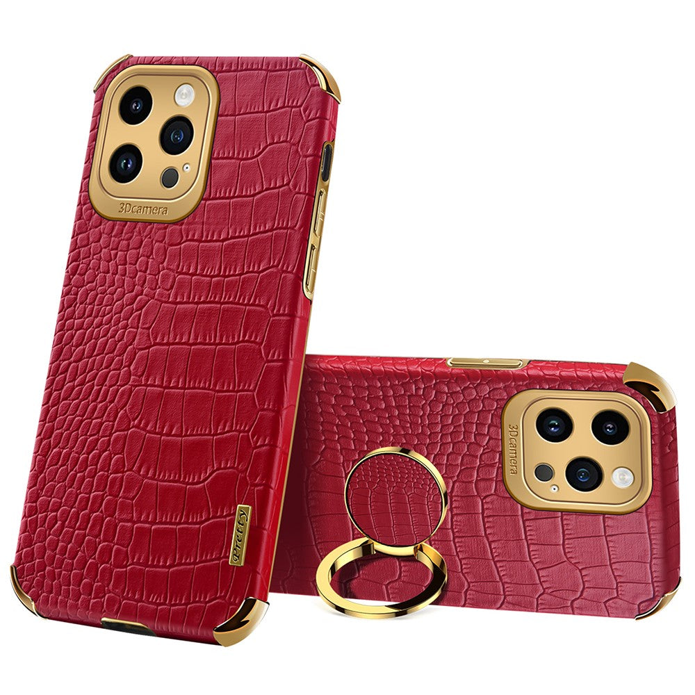 For iPhone 15 Pro Max Ring Kickstand Phone Case Crocodile Texture Leather+TPU Anti-scratch Cover