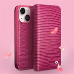 QIALINO For iPhone 15 Plus Crocodile Texture Phone Case Genuine Cow Leather Wallet Stand Cover