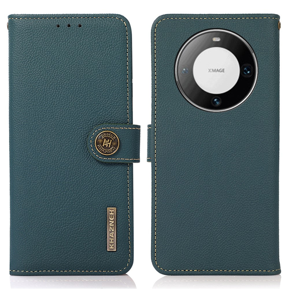 KHAZNEH For Huawei Mate 60 Case RFID Blocking Genuine Cow Leather Wallet Phone Shell with Stand Function
