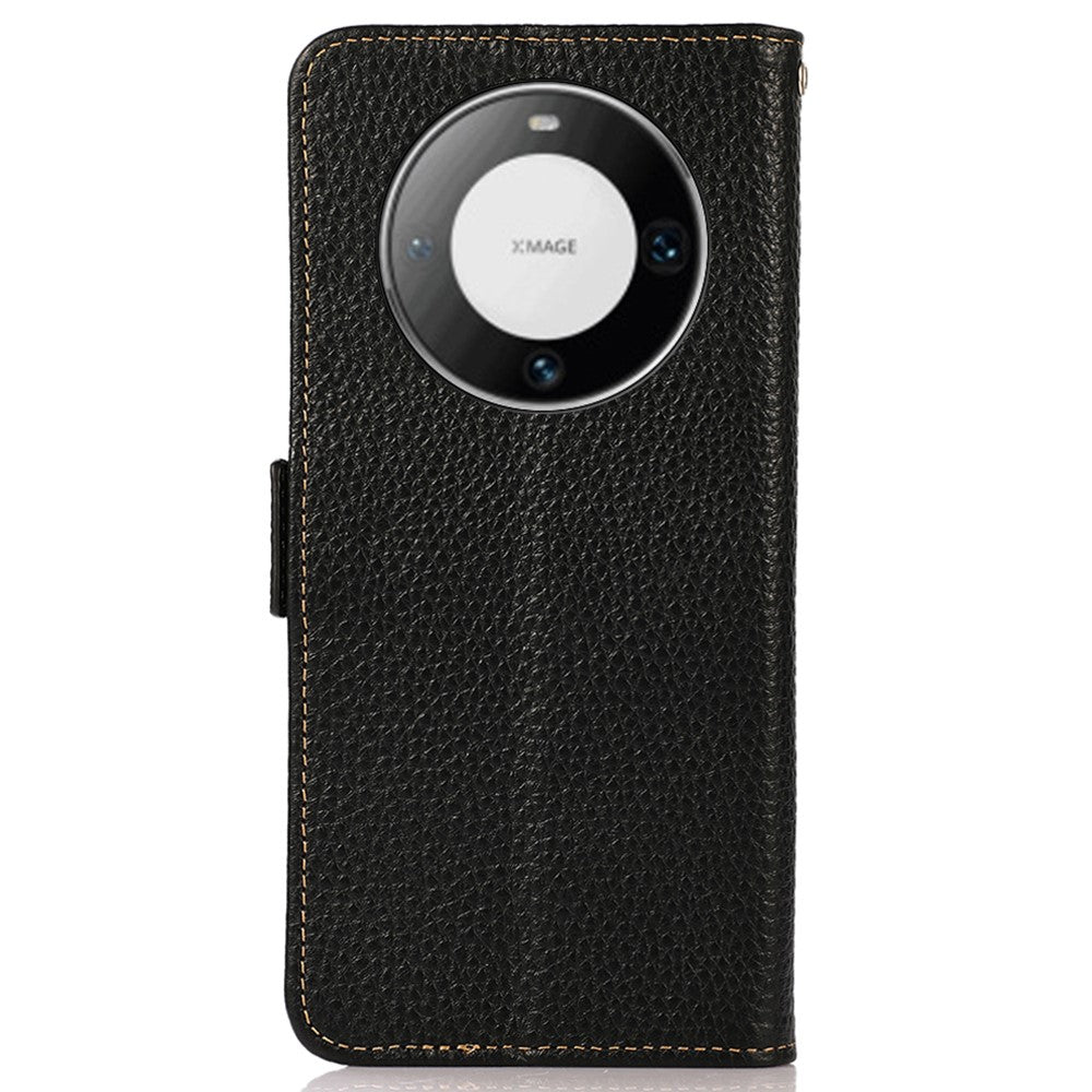 KHAZNEH For Huawei Mate 60 Pro Case RFID Blocking Litchi Texture Genuine Cow Leather Cover