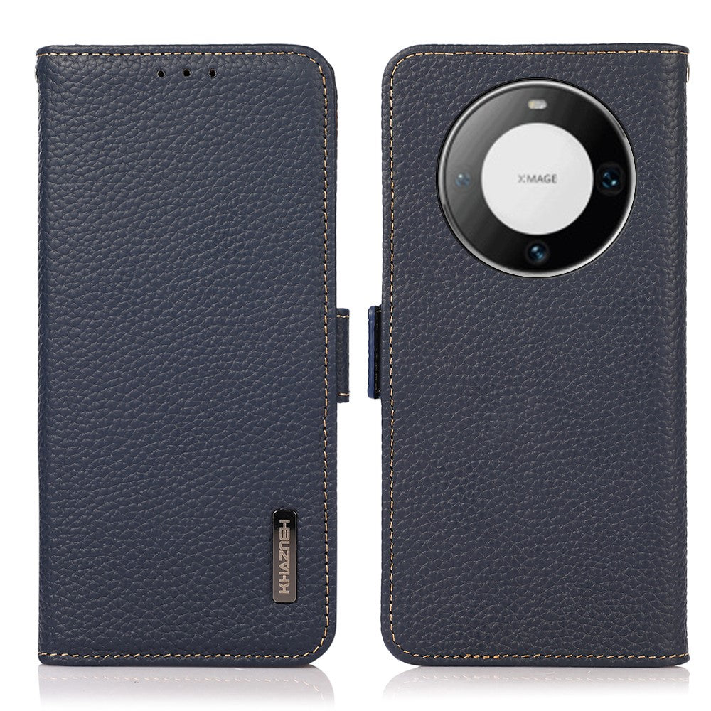 KHAZNEH For Huawei Mate 60 Pro Case RFID Blocking Litchi Texture Genuine Cow Leather Cover