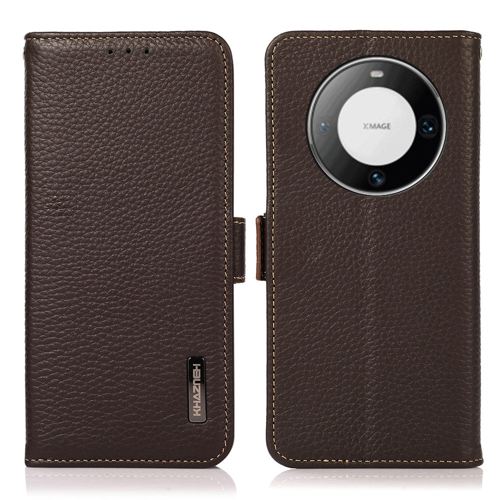 KHAZNEH For Huawei Mate 60 Pro Case RFID Blocking Litchi Texture Genuine Cow Leather Cover