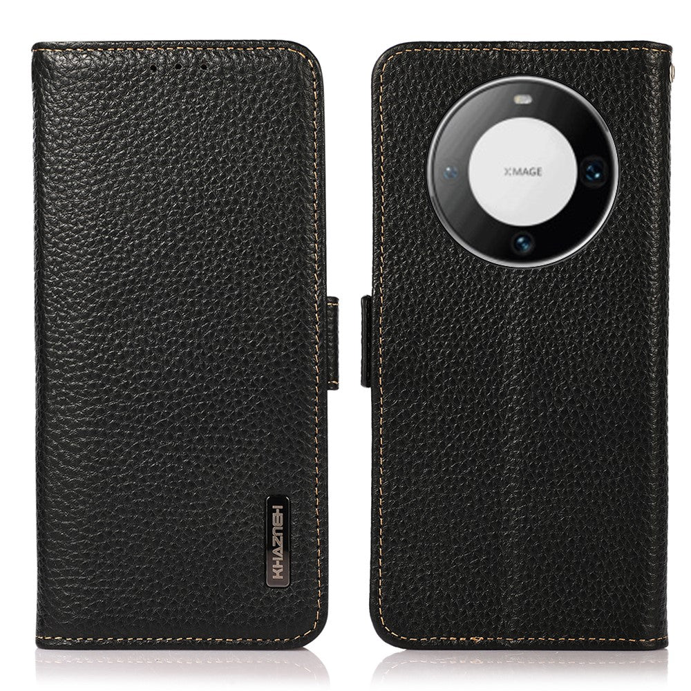 KHAZNEH For Huawei Mate 60 Case Wallet Stand RFID Blocking Genuine Cow Leather Phone Shell
