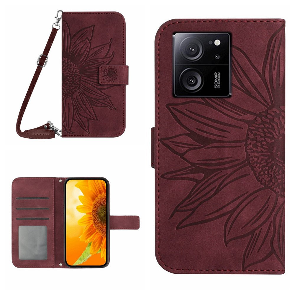 HT04 For Xiaomi 13T / 13T Pro Cover Leather Wallet Imprinted Phone Case with Shoulder Strap