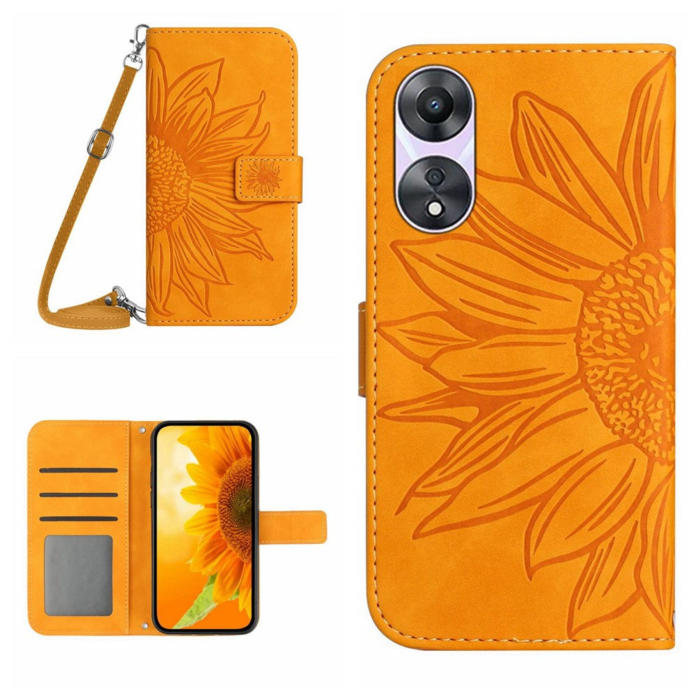 HT04 För Oppo A18 4G / A38 4G Skal Sunflower Imprint Läderplånbok mobilskal med Lång Rem