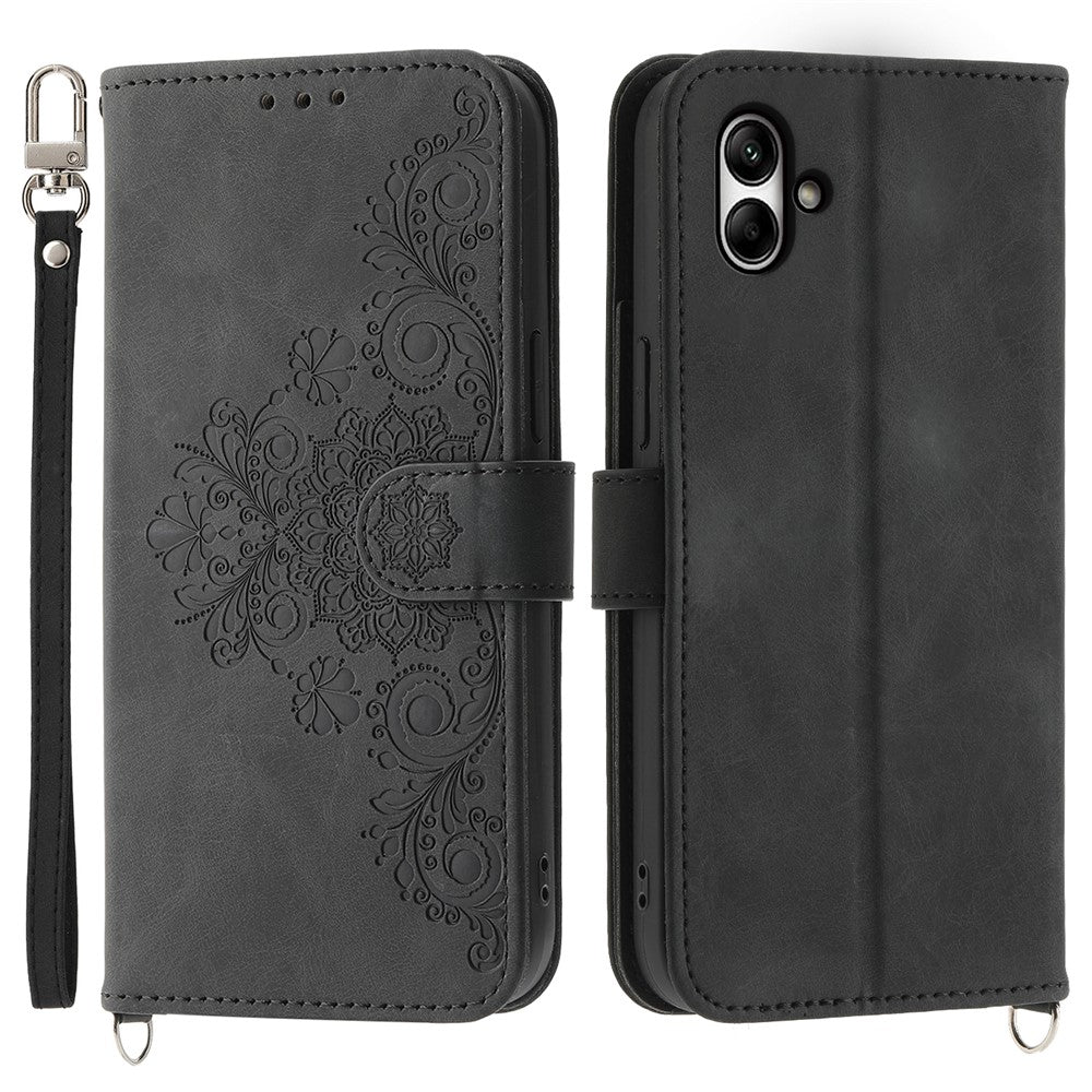 Til Samsung Galaxy A05 4G etui PU-læder blomsterpræget telefoncover med 2 stropper