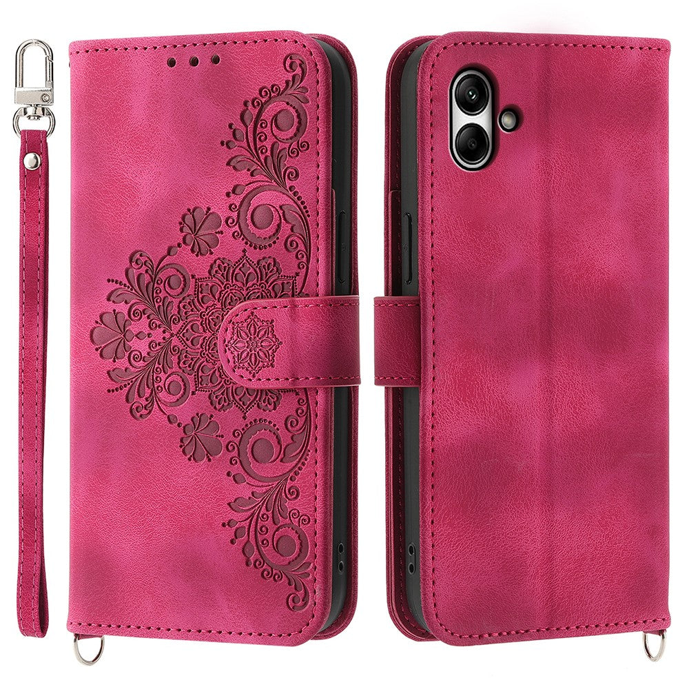 Til Samsung Galaxy A05 4G etui PU-læder blomsterpræget telefoncover med 2 stropper