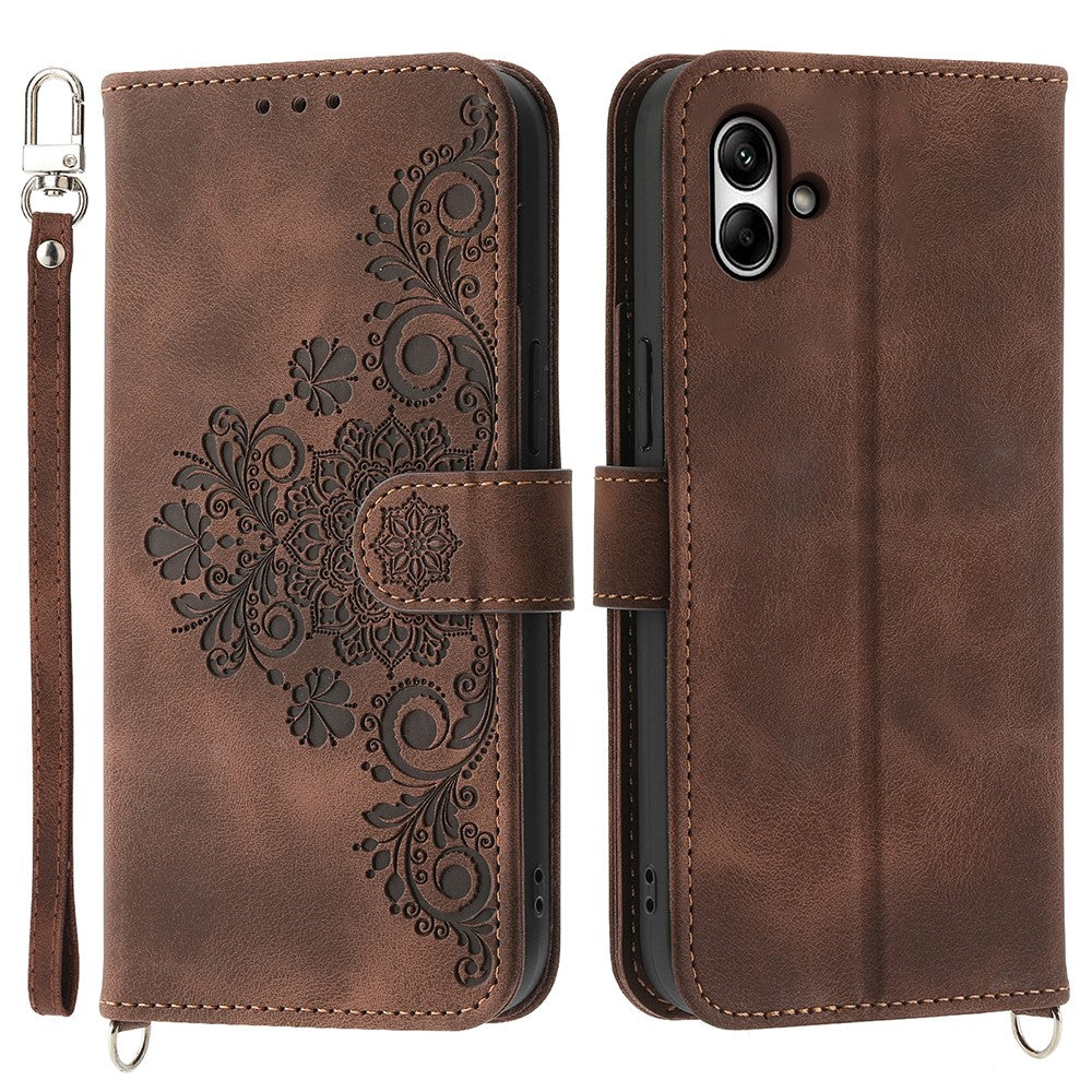 Til Samsung Galaxy A05 4G etui PU-læder blomsterpræget telefoncover med 2 stropper