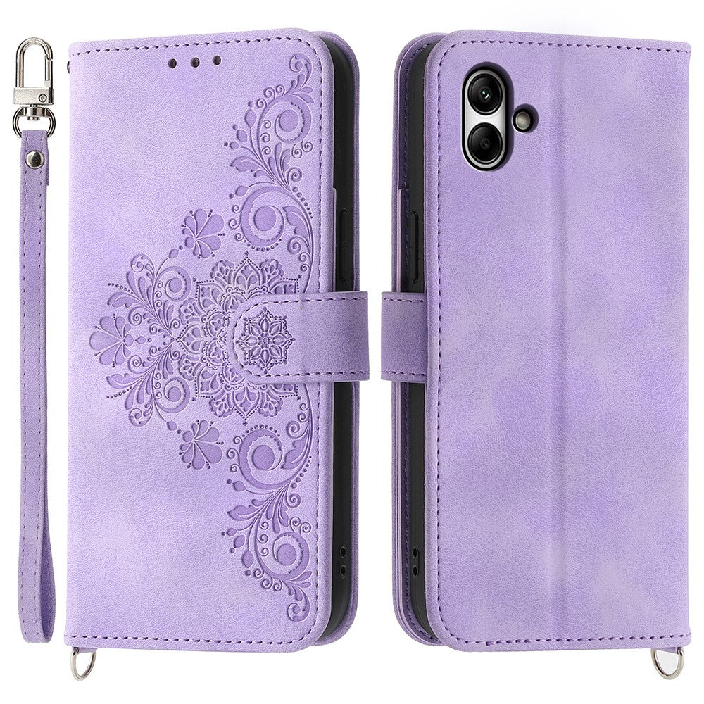 Til Samsung Galaxy A05 4G etui PU-læder blomsterpræget telefoncover med 2 stropper