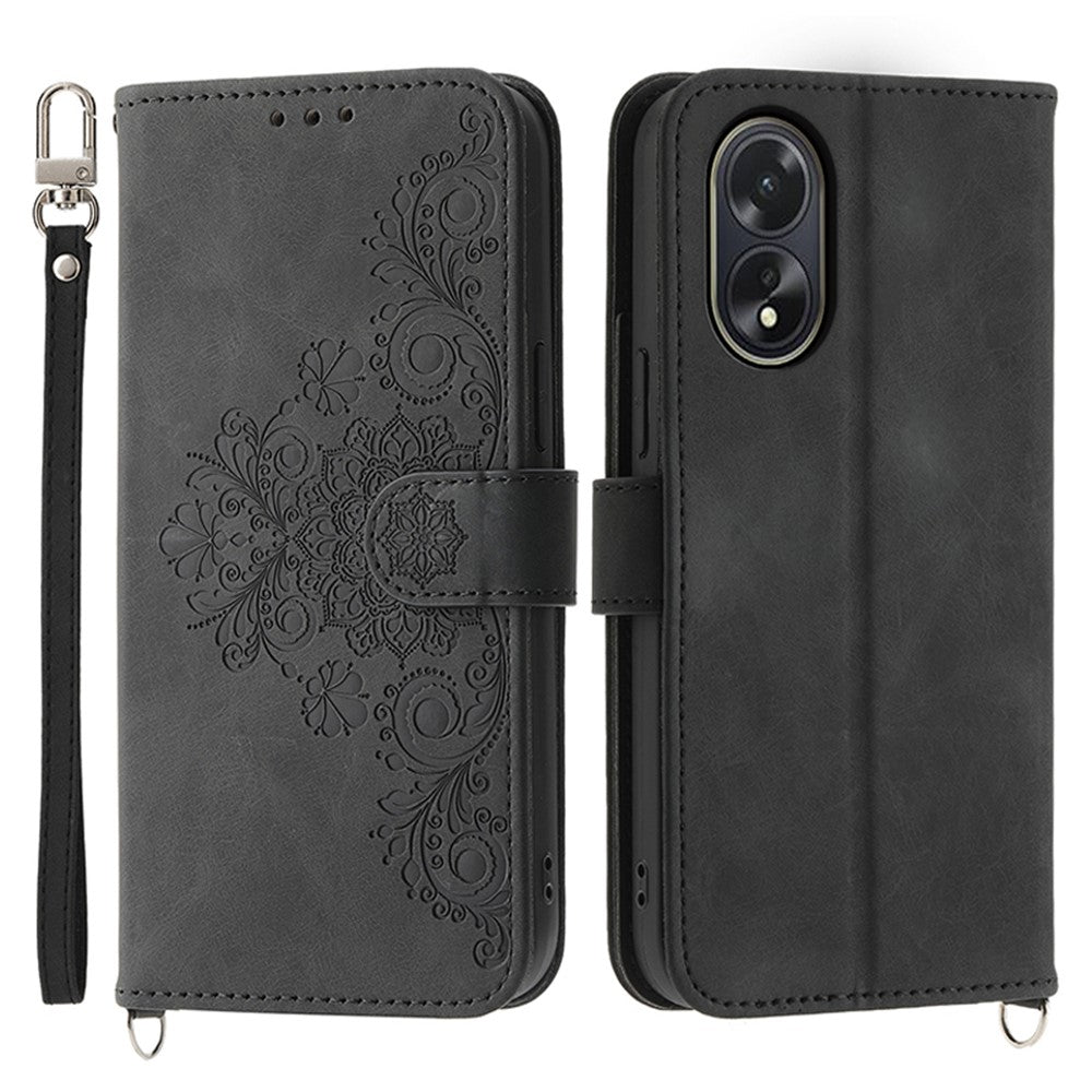 For Oppo A38 4G Case Imprinted PU Leather Wallet Phone Cover with Wrist Strap + Shoulder Strap