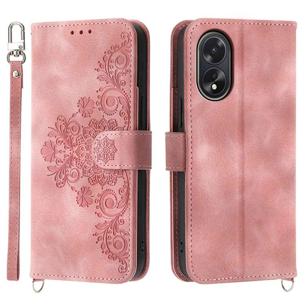 For Oppo A38 4G Case Imprinted PU Leather Wallet Phone Cover with Wrist Strap + Shoulder Strap