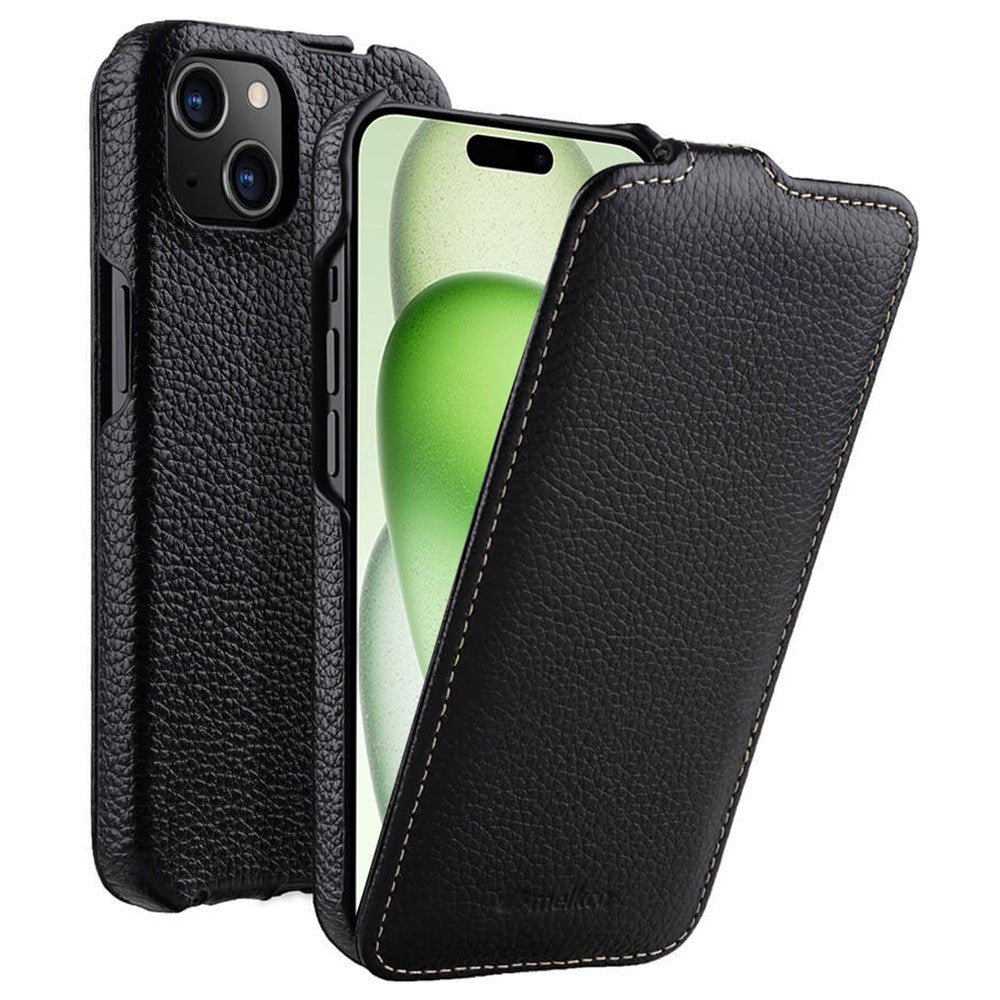 MELKCO til iPhone 15 Plus Etui Lodret Flip Ægte Koskind+PC Stødsikkert Cover