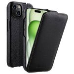 MELKCO Skal till iPhone 15 Plus - Vertikalt fällbart fodral i äkta nötläder + PC - Stötsäkert fodral