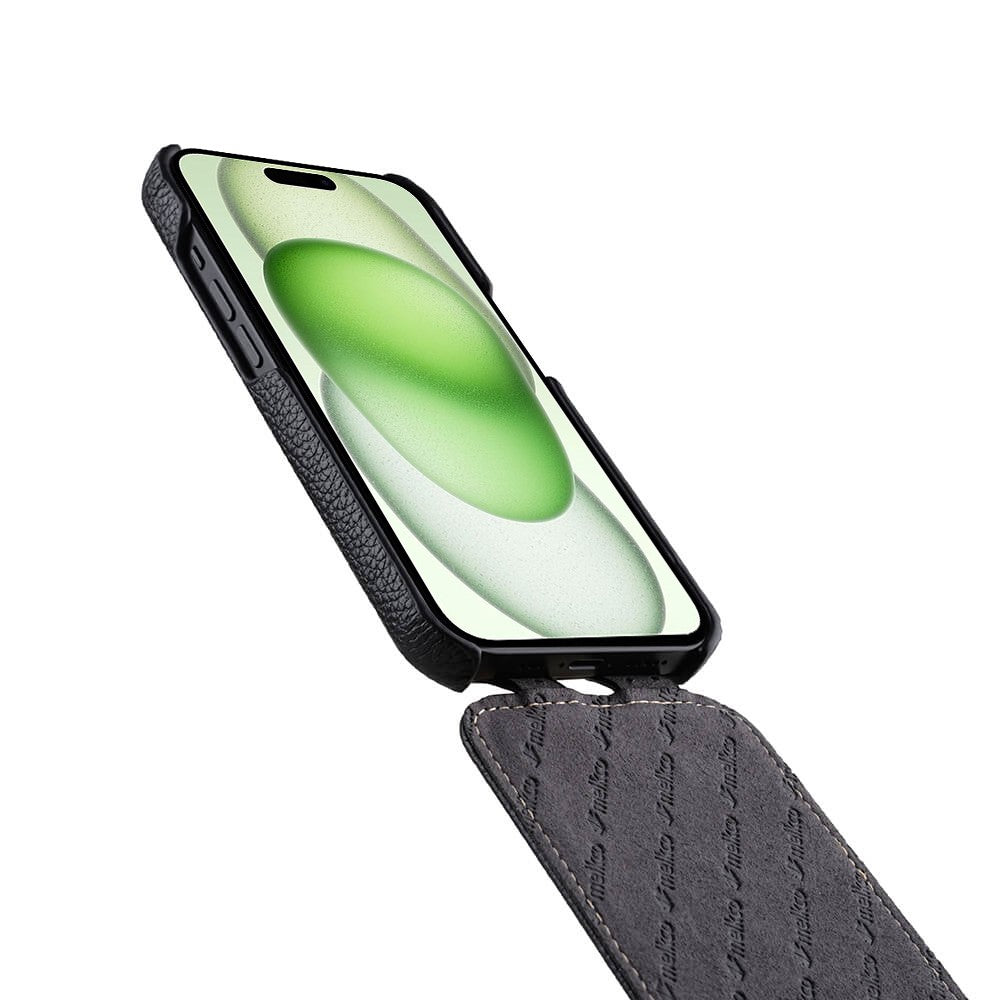 MELKCO Skal till iPhone 15 Plus - Vertikalt fällbart fodral i äkta nötläder + PC - Stötsäkert fodral