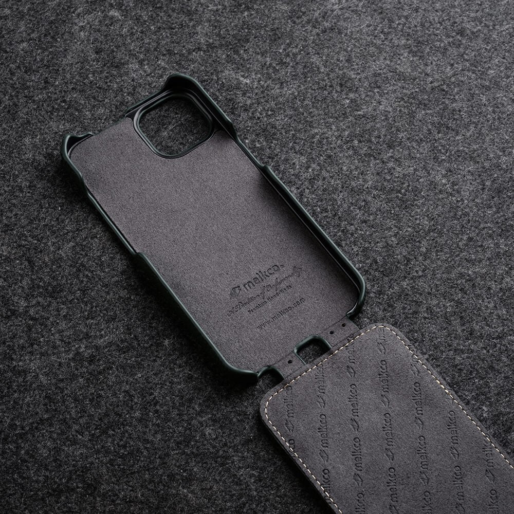 MELKCO Skal till iPhone 15 Plus - Vertikalt fällbart fodral i äkta nötläder + PC - Stötsäkert fodral